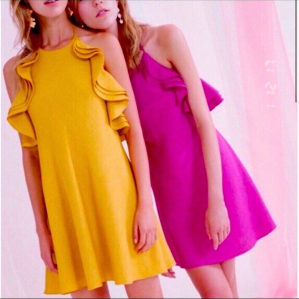 Badgley Mischa Kieran Ruffle Halter Dress | size 2 | Fuchsia Pink